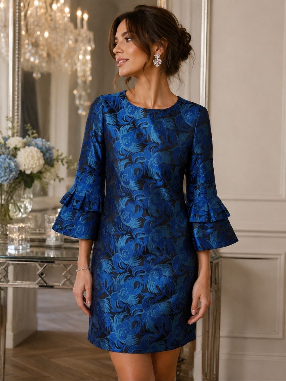 BELLE BADGLEY‎ MISCHKA Blue Jacquard Tiered Bell Sleeve Shift Dress Size 2